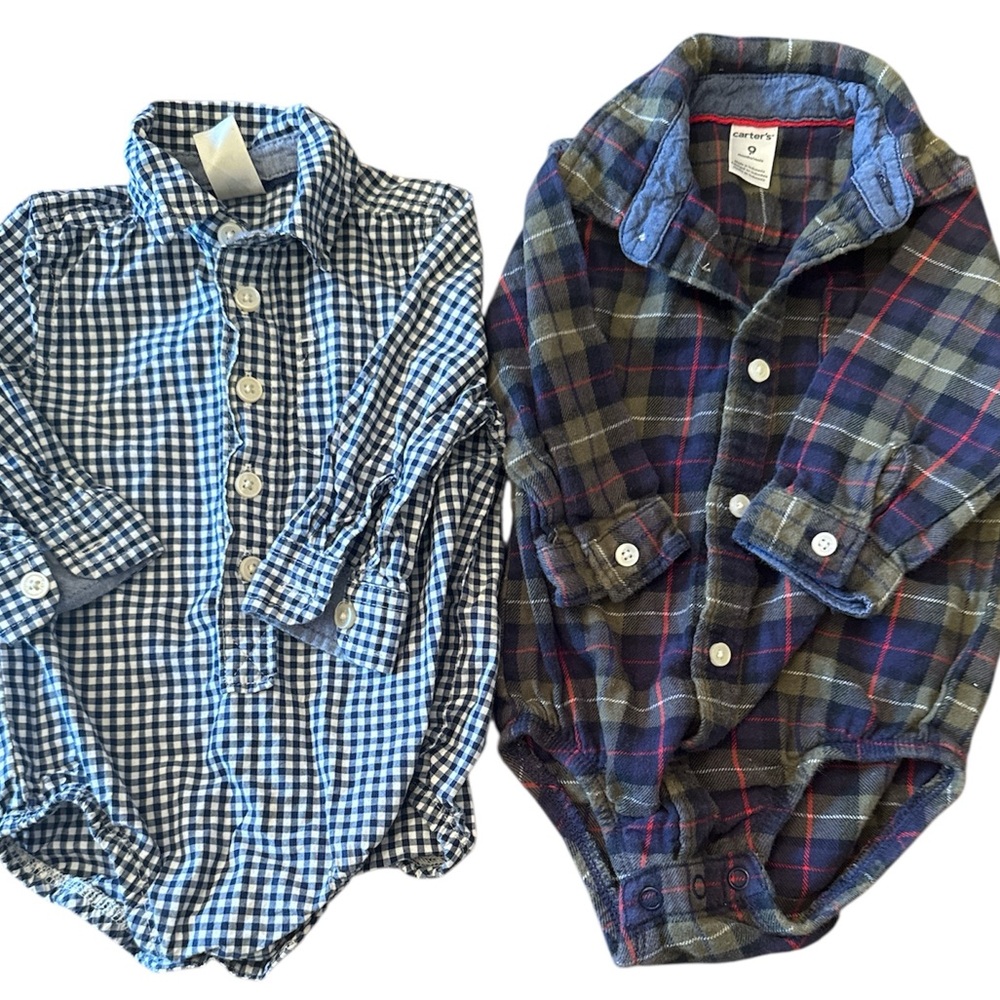 Carter's navy gingham and Oshkosh Blue & green Plaid flannel button down shirts